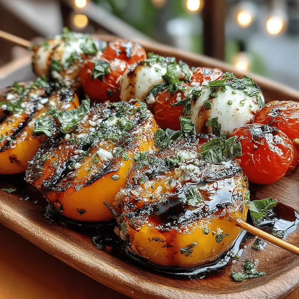 When preparing your Grilled Peach Caprese Skewers, the arrangement of ingredients on the skewers plays a crucial role in both flavor and presentation. For optimal flavor distribution, it's recommended to use one of each of the following ingredients per skewer: one half of a peach, one cherry tomato, and one mozzarella ball. This combination ensures a balanced taste experience in every bite.
