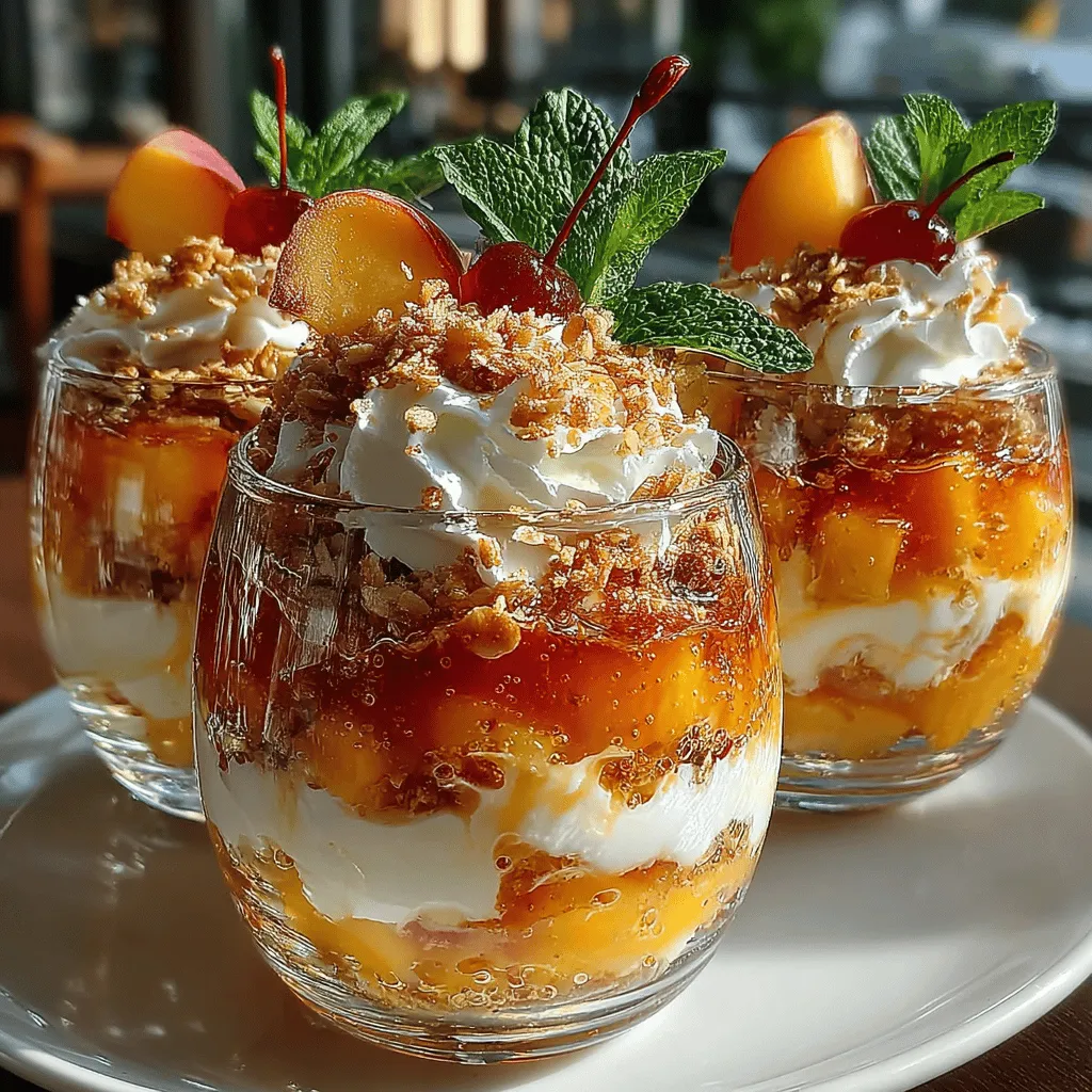 As the days grow longer and the sun shines brighter, summer beckons us to indulge in its bounty of fresh fruits and refreshing desserts. There's nothing quite like the joy of enjoying a cool, sweet treat on a hot day, and summer desserts are designed to be light, vibrant, and bursting with flavor. Among the myriad of summer delights, <strong>Chilled Peach Parfaits</strong> stand out as a quintessential choice, showcasing the season’s best produce while offering a delightful combination of textures and tastes.” /></p>
</p>
<h2>Step-by-Step Instructions for Chilled Peach Parfaits</h2>
</p>
<h3>Preparing the Peaches</h3>
</p>
<p>To create the star of our Chilled Peach Parfaits, ripe peaches are essential. Start by selecting peaches that are slightly soft to the touch, indicating they are ripe and juicy. Here’s how to properly prepare them:</p>
</p>
<p>1. <strong>Washing</strong>: Rinse the peaches under cool running water to remove any dirt or pesticides.</p>
<p>2. <strong>Peeling</strong>: To peel the peaches, bring a pot of water to a boil. Carefully add the peaches to the boiling water for about 30 seconds, then transfer them to an ice bath. This method makes the skin easy to remove. Once cooled, the skins should slip off effortlessly.</p>
<p>3. <strong>Dicing</strong>: Cut each peach in half, remove the pit, and then slice each half into thin wedges before dicing them into small, bite-sized pieces.</p>
<p>4. <strong>Mixing with Honey and Vanilla</strong>: In a mixing bowl, combine the diced peaches with 2 tablespoons of honey and 1 teaspoon of vanilla extract. Gently fold the mixture to ensure the peaches are well-coated. Let them sit for about 10 minutes to allow the flavors to meld and the peaches to release some of their natural juices.</p>
</p>
<h3>Mixing Yogurt and Cinnamon</h3>
</p>
<p>The next step is mixing yogurt with cinnamon, which adds a delightful flavor profile to the parfaits.</p>
</p>
<p>1. <strong>Choosing the Yogurt</strong>: Opt for plain Greek yogurt for its creamy texture and tangy flavor. If you prefer a sweeter taste, you can use vanilla-flavored yogurt.</p>
<p>2. <strong>Blend Yogurt and Cinnamon</strong>: In a medium bowl, combine 2 cups of yogurt with 1 teaspoon of ground cinnamon. Whisk together until smooth and well-combined. The cinnamon adds a warm spice that complements the sweetness of the peaches beautifully. This mixture not only enhances flavor but also adds an extra layer of nutrition.</p>
</p>
<h3>Whipping the Cream</h3>
</p>
<p>To elevate your Chilled Peach Parfaits, whipped cream is a must. Here’s how to achieve the perfect consistency:</p>
</p>
<p>1. <strong>Choosing Your Cream</strong>: If you prefer a non-dairy option, coconut cream is an excellent alternative. Chill a can of coconut milk overnight, then scoop out the solidified cream.</p>
<p>2. <strong>Whipping Process</strong>: In a large mixing bowl, pour in 1 cup of heavy whipping cream or coconut cream. Using an electric mixer, whip on medium speed until soft peaks form (about 3-5 minutes). For added sweetness, you can include 1-2 tablespoons of powdered sugar and a splash of vanilla extract.</p>
<p>3. <strong>Achieving the Right Consistency</strong>: Be careful not to over-whip, as this can lead to a grainy texture. Stop when soft peaks form, and the cream holds its shape without being stiff.</p>
</p>
<h3>Layering the Parfaits</h3>
</p>
<p>Now comes the fun part—layering your parfaits. The visual appeal of the parfait is just as important as its taste.</p>
</p>
<p>1. <strong>Choosing Your Vessel</strong>: Use clear glasses, mason jars, or elegant dessert cups to showcase the beautiful layers.</p>
<p>2. <strong>Layering Technique</strong>: Start by adding a spoonful of the yogurt mixture at the bottom. Follow this with a layer of the honey-vanilla peaches, then a layer of whipped cream. Repeat the layers until you reach the top of your glass, finishing with a dollop of whipped cream.</p>
<p>3. <strong>Creativity in Presentation</strong>: Feel free to mix and match the layering order or even add granola for an extra crunch. The key is to create a visually appealing dessert that invites your guests to dive in.</p>
</p>
<h3>Chilling for Flavor Development</h3>
</p>
<p>Once assembled, the parfaits should be placed in the refrigerator for at least 30 minutes before serving. This chilling time is crucial as it allows the flavors to develop fully. The coolness enhances the refreshing qualities of the peaches, yogurt, and cream, making each bite a blissful experience on a hot summer day.</p>
</p>
<h3>Garnishing</h3>
</p>
<p>The finishing touches are essential to elevate your parfaits further.</p>
</p>
<p>1. <strong>Garnishing with Peach Slices</strong>: Just before serving, add a couple of fresh peach slices on top of each parfait. This not only adds a pop of color but also reinforces the peach flavor.</p>
<p>2. <strong>Mint Leaves</strong>: A sprig of fresh mint adds a refreshing aroma and a touch of elegance to your parfaits. Place it on top of the whipped cream to create a gorgeous presentation.</p>
</p>
<h2>The Perfect Occasion for Chilled Peach Parfaits</h2>
</p>
<p>Chilled Peach Parfaits are versatile and can be enjoyed during various occasions. Here are a few scenarios where these parfaits shine:</p>
</p>
<p>1. <strong>Summer Gatherings</strong>: Whether hosting a backyard barbecue or a pool party, these parfaits make for a delightful dessert that guests will love. They are light, refreshing, and can be prepared ahead of time.</p>
<p>2. <strong>Picnics</strong>: Pack these parfaits in mason jars for a perfect picnic treat. Their portable nature makes them easy to transport without the worry of spills.</p>
<p>3. <strong>Brunches</strong>: Serve these parfaits as a light dessert option during brunch gatherings. They pair beautifully with richer breakfast dishes, providing a nice balance.</p>
<p>4. <strong>Health-Conscious Dessert</strong>: For those looking for healthier dessert options, Chilled Peach Parfaits are an excellent choice. They are lower in sugar compared to traditional desserts, packed with vitamins from the peaches, and offer the probiotic benefits of yogurt.</p>
</p>
<h2>Pairing Suggestions</h2>
</p>
<p>To enhance your Chilled Peach Parfaits experience, consider these pairing suggestions:</p>
</p>
<p>1. <strong>Beverages</strong>: Iced tea, lemonade, or light white wines like Sauvignon Blanc or a sparkling Riesling complement the fruity flavors of the parfaits beautifully. These beverages keep the summer vibe alive and refresh your palate.</p>
<p>2. <strong>Side Dishes</strong>: For a well-rounded summer meal, consider serving these parfaits alongside a fresh salad or grilled vegetables. The lightness of the parfaits contrasts nicely with savory dishes, creating a balanced meal.</p>
<p>3. <strong>Complementary Desserts</strong>: If you’re looking to offer a variety of desserts, consider pairing the parfaits with fruit tarts or sorbet. These options maintain the light and refreshing theme of your dessert table.</p>
</p>
<h2>Conclusion</h2>
</p>
<p>Chilled Peach Parfaits are a delightful way to bring a taste of summer to your table. With their vibrant layers, creamy texture, and refreshing flavors, these parfaits are not only simple to prepare but also a healthier alternative to traditional desserts. The combination of juicy peaches, spiced yogurt, and light whipped cream creates a harmonious balance that is perfect for hot days.</p>
</p>
<p>As you experiment with this recipe, feel free to play with different fruits or yogurt flavors to make it your own. Whether you’re hosting a summer gathering, planning a cozy picnic, or simply enjoying a light dessert after dinner, Chilled Peach Parfaits are sure to impress. Embrace the joy of summertime and savor the deliciousness of these parfaits while creating memories with friends and family.</p>
</div>