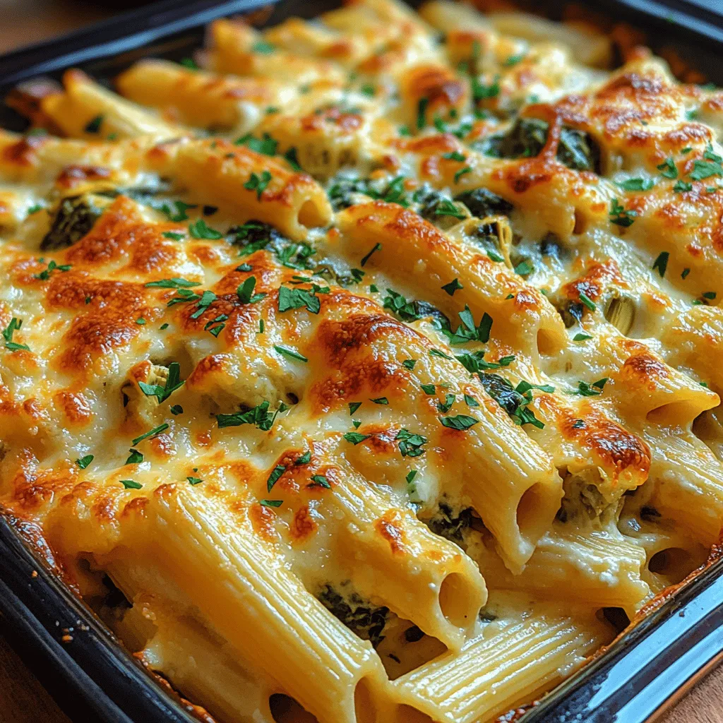 1. <strong>Preheat Your Oven</strong>: Start by preheating your oven to 350°F (175°C). This step is essential as it ensures that your pasta bake cooks evenly and develops a beautiful golden color on top.” /></p>
</p>
<p>Combining the delicious flavors of spinach, artichokes, and creamy cheese in a baked pasta dish creates a comforting meal that is perfect for any occasion. This creamy spinach artichoke pasta bake is not only simple to prepare but also a crowd-pleaser that will have everyone asking for seconds. Let’s dive into the remaining steps for this delectable dish.</p>
</p>
<h2>Instructions for the Pasta Bake</h2>
</p>
<h3>Preparing the Oven and Pasta</h3>
</p>
<p>1. <strong>Preheat Your Oven</strong>: Start by preheating your oven to 350°F (175°C). This step is essential as it ensures that your pasta bake cooks evenly and develops a beautiful golden color on top.</p>
</p>
<p>2. <strong>Cook the Pasta</strong>: While the oven is getting warm, bring a large pot of salted water to a boil. Add the penne pasta and cook it until al dente, which usually takes about 8-10 minutes. Make sure to stir occasionally to prevent sticking. Once cooked, drain the pasta and set it aside.</p>
</p>
<h3>Making the Creamy Filling</h3>
</p>
<p>3. <strong>Sauté the Spinach</strong>: In a large skillet over medium heat, add a tablespoon of olive oil. Once the oil is hot, add the minced garlic and sauté it for about 30 seconds until fragrant. Then, toss in the chopped spinach and cook until it wilts, which should take around 2-3 minutes. This step adds depth of flavor and ensures the spinach is tender. Remove the skillet from the heat and set it aside.</p>
</p>
<p>4. <strong>Mix the Cheese Filling</strong>: In a large mixing bowl, combine the ricotta cheese, softened cream cheese, half of the grated Parmesan cheese, and half of the shredded mozzarella cheese. To this, add the sautéed spinach and garlic mixture, chopped artichoke hearts, onion powder, garlic powder, red pepper flakes, salt, and pepper. Mix everything together until it’s well combined and creamy. The combination of cheeses and spices creates a rich filling that is packed with flavor.</p>
</p>
<h3>Combining Ingredients</h3>
</p>
<p>5. <strong>Combine Pasta and Filling</strong>: Toss the cooked penne pasta into the creamy spinach-artichoke mixture, ensuring that each piece of pasta is generously coated in the luscious sauce. This is a crucial step as it allows every bite to be flavorful and creamy.</p>
</p>
<p>6. <strong>Transfer to Baking Dish</strong>: Next, transfer the pasta mixture into a greased 9×13 inch baking dish. Spread it out evenly to ensure even cooking. Then, sprinkle the remaining mozzarella and Parmesan cheeses on top. This will create a bubbly, golden crust that is simply irresistible.</p>
</p>
<h3>Baking the Dish</h3>
</p>
<p>7. <strong>Bake</strong>: Place the dish in your preheated oven and bake for 25-30 minutes or until the top is golden brown and the cheese is bubbling. Keep an eye on it during the last few minutes to prevent over-browning. The enticing aroma that fills your kitchen will have everyone eagerly awaiting the first bite!</p>
</p>
<p>8. <strong>Garnish and Serve</strong>: Once it’s done baking, carefully take it out of the oven and let it cool for a few minutes. Before serving, garnish with freshly chopped parsley. This not only adds a pop of color but also enhances the flavor profile of the dish.</p>
</p>
<h2>Tips & Tricks for the Perfect Pasta Bake</h2>
</p>
<p>While this creamy spinach artichoke pasta bake is relatively easy to prepare, consider these tips to elevate your dish even more:</p>
</p>
<h3>Cheese Choices</h3>
</p>
<p>– <strong>Experiment with Different Cheeses</strong>: Feel free to mix and match cheese varieties. Adding a bit of feta or goat cheese can introduce a tangy flavor that complements the richness of the other ingredients. You could also use a blend of Italian cheeses for a more complex flavor.</p>
</p>
<h3>Pasta Variations</h3>
</p>
<p>– <strong>Try Different Pasta Shapes</strong>: If you prefer a different pasta shape, consider using fusilli or rigatoni. These shapes work beautifully in this dish and can hold onto the creamy sauce just as well as penne. The choice of pasta can add a unique texture to your bake.</p>
</p>
<h3>Vegetable Add-ins</h3>
</p>
<p>– <strong>Incorporate More Veggies</strong>: Consider adding more vegetables to boost the nutritional value and flavor. Sun-dried tomatoes, roasted red peppers, or even zucchini can be delicious additions. Just be sure to sauté any additional vegetables before mixing them into the pasta to enhance their flavor.</p>
</p>
<h3>Make it Ahead</h3>
</p>
<p>– <strong>Prep Ahead of Time</strong>: This dish can be prepared ahead of time. Assemble everything in the baking dish, cover it tightly with foil, and refrigerate it for up to a day before baking. When you’re ready to serve, simply bake it straight from the fridge, adding a few extra minutes to the cooking time.</p>
</p>
<h3>Serving Suggestions</h3>
</p>
<p>This creamy spinach artichoke pasta bake is versatile and can be served in various ways. Here are some serving suggestions to consider:</p>
</p>
<p>– <strong>Pair with a Fresh Salad</strong>: Serve the pasta bake alongside a simple green salad dressed with a light vinaigrette. This contrast of flavors and textures will complement the richness of the pasta.</p>
</p>
<p>– <strong>Offer Garlic Bread on the Side</strong>: A side of warm garlic bread or breadsticks is always a hit. This is perfect for soaking up any creamy sauce left on the plate.</p>
</p>
<p>– <strong>Wine Pairing</strong>: Consider serving this dish with a glass of white wine, such as Sauvignon Blanc or Chardonnay. The acidity of the wine can balance out the richness of the cheese.</p>
</p>
<p>– <strong>Make it a Main Course or Side Dish</strong>: This recipe is substantial enough to stand alone as a main dish, but it can also serve as a delightful side dish at gatherings or potlucks.</p>
</p>
<h2>Conclusion</h2>
</p>
<p>This creamy spinach artichoke pasta bake is an ideal dish for family dinners, gatherings, or meal prep for the week. Its creamy texture, combined with the delightful flavors of spinach and artichokes, makes it a favorite among pasta lovers. The simplicity of the recipe means you can whip it up even on busy weeknights, and the tips shared will help you create a dish that’s not only delicious but also visually appealing.</p>
</p>
<p>We encourage you to try this recipe and make it your own by adding your favorite ingredients. Whether you enjoy it as a main course or a side dish, this pasta bake is sure to impress your family and friends. Don’t forget to share your cooking experience and any variations you try with this delightful dish. Happy cooking!</p>
</div>