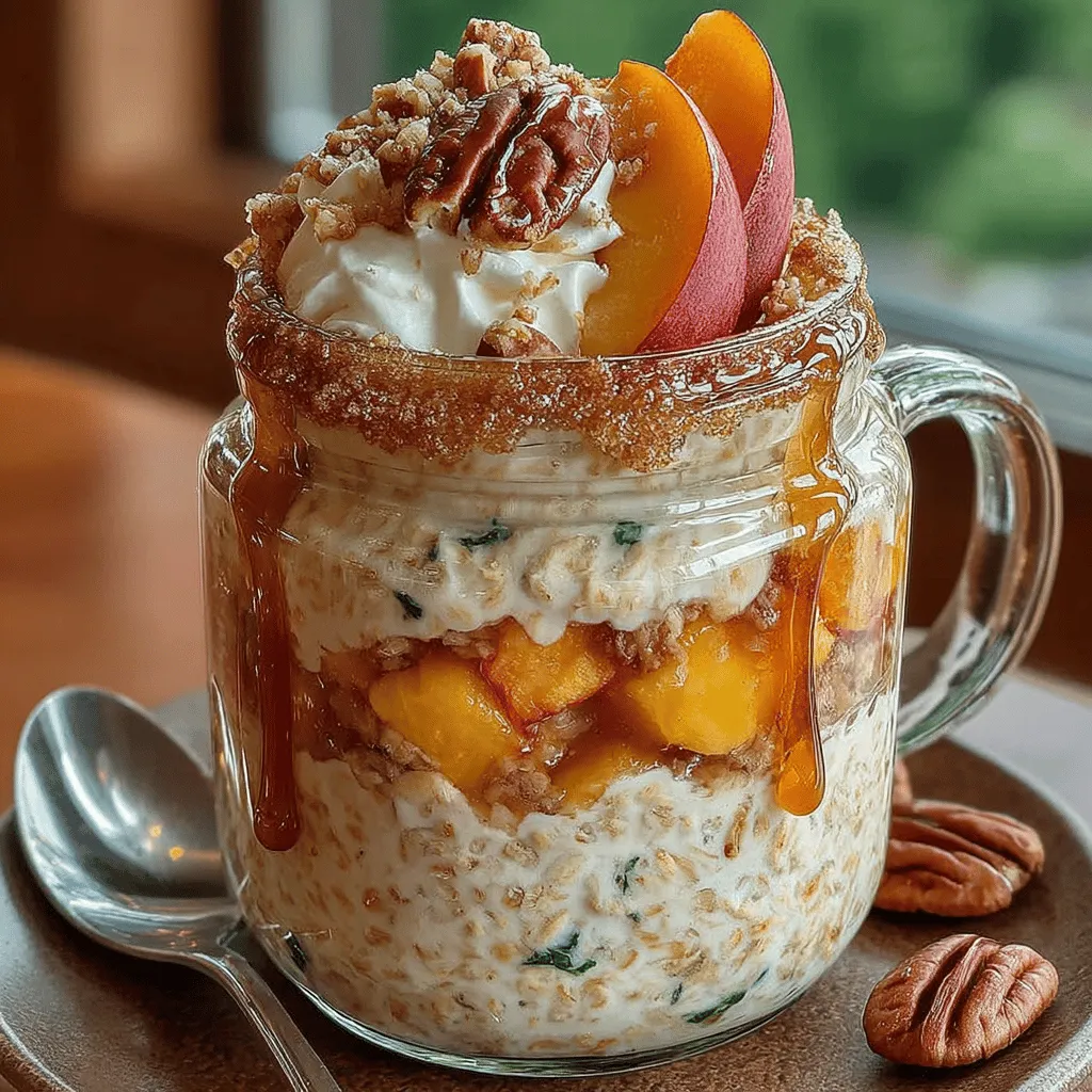 To ensure your Peach Cobbler Overnight Oats have the perfect creamy consistency, thorough mixing is essential. Start by combining your dry ingredients—rolled oats, chia seeds, and cinnamon—in a large bowl. This step ensures that the flavors are evenly distributed throughout the mixture. Next, pour in your wet ingredients: almond milk, Greek yogurt, and vanilla extract. Use a whisk to blend these components thoroughly. The Greek yogurt not only adds creaminess but also a tangy flavor that complements the sweet peaches beautifully.