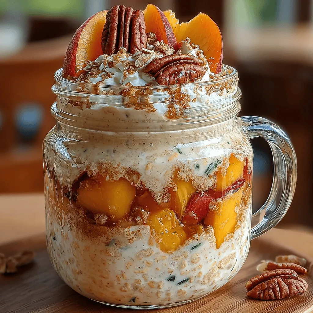 To ensure your Peach Cobbler Overnight Oats have the perfect creamy consistency, thorough mixing is essential. Start by combining your dry ingredients—rolled oats, chia seeds, and cinnamon—in a large bowl. This step ensures that the flavors are evenly distributed throughout the mixture. Next, pour in your wet ingredients: almond milk, Greek yogurt, and vanilla extract. Use a whisk to blend these components thoroughly. The Greek yogurt not only adds creaminess but also a tangy flavor that complements the sweet peaches beautifully.