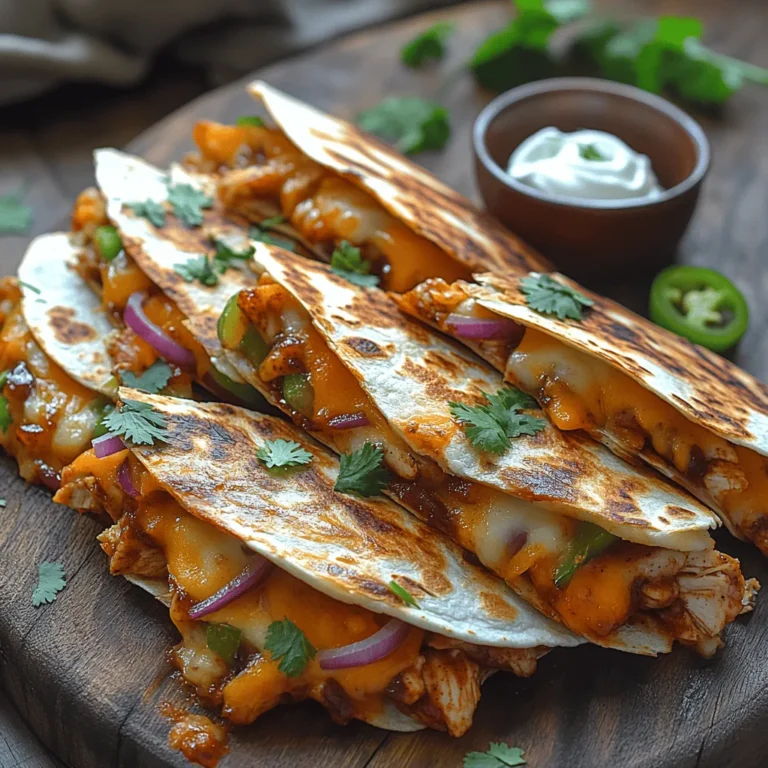 Delightful and bursting with flavor, Crispy BBQ Chicken Quesadillas are a culinary marvel that seamlessly blends savory chicken, tangy BBQ sauce, and gooey cheese, all enveloped in a perfectly crispy tortilla. This dish is not just a meal; it's an experience—a fusion of textures and tastes that can easily elevate any dining occasion. Whether you're in search of a quick weeknight dinner, a satisfying appetizer for a gathering, or simply a fun twist on traditional quesadillas, this recipe is poised to impress.