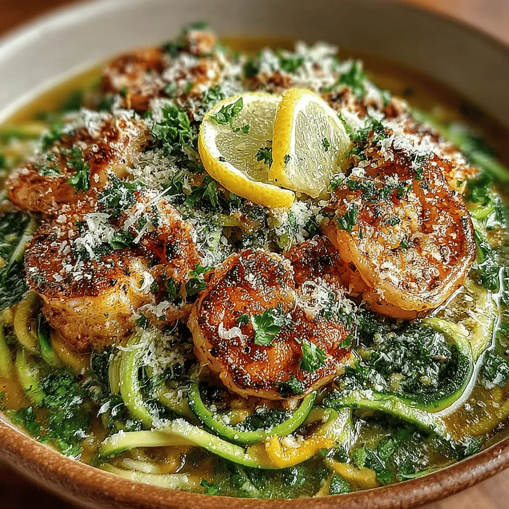 <strong>Introduction</strong>” /></p>
</p>
<h2>Benefits of Cooking Zucchini Noodles</h2>
</p>
<p>Zucchini noodles, often referred to as “zoodles,” offer a fantastic alternative to traditional pasta, especially for those looking to reduce their carbohydrate intake or increase their vegetable consumption. The primary benefits of using zucchini noodles include their unique texture and taste.</p>
</p>
<h3>Texture and Taste Considerations</h3>
</p>
<p>Zucchini noodles have a naturally tender yet slightly crunchy texture, which can mimic the bite of traditional pasta when cooked correctly. They also absorb flavors beautifully, making them an excellent base for sauces and proteins, such as our savory garlic butter shrimp. The mild flavor of zucchini allows it to complement the rich, buttery sauce without overpowering the dish.</p>
</p>
<h2>Ideal Cooking Time for Maintaining Crunch and Flavor</h2>
</p>
<p>One of the key aspects of cooking zucchini noodles is timing. To maintain that desired crunch and vibrant flavor, it’s essential not to overcook them. A quick sauté of about 2 to 3 minutes is typically sufficient to soften the zoodles while ensuring they retain some firmness. Overcooking can lead to a soggy texture, which detracts from the overall appeal of the dish.</p>
</p>
<h2>Combining Ingredients</h2>
</p>
<h3>Importance of Timing When Mixing Shrimp and Noodles</h3>
</p>
<p>When preparing this dish, timing is crucial, particularly when combining the shrimp and zucchini noodles. Start by cooking the shrimp in the garlic butter until they are opaque and tender, which usually takes about 3 to 4 minutes. Once the shrimp are nearly done, add the zucchini noodles to the pan. This method ensures that both components are perfectly cooked, allowing the flavors to meld without sacrificing texture.</p>
</p>
<h3>How Lemon Zest and Juice Elevate the Dish’s Freshness</h3>
</p>
<p>Lemon zest and juice play a vital role in brightening the overall flavor profile of this dish. The zest contains aromatic oils that add depth, while the juice provides a refreshing acidity that cuts through the richness of the garlic butter. Squeeze fresh lemon juice over the shrimp and zoodles right before serving to enhance the dish’s freshness and vibrancy, making each bite a delightful experience.</p>
</p>
<h2>Finishing Touches</h2>
</p>
<h3>Role of Parmesan Cheese and How It Complements the Dish</h3>
</p>
<p>Parmesan cheese adds a savory, nutty flavor that complements the shrimp and zucchini noodles beautifully. A light sprinkling of freshly grated Parmesan before serving enhances the dish without overwhelming it. The cheese melts slightly on contact, creating a creamy texture that binds the dish together, making each forkful rich and satisfying.</p>
</p>
<h3>Adjusting Seasoning: Importance of Tasting During the Cooking Process</h3>
</p>
<p>As with any recipe, tasting as you go is essential for achieving the perfect flavor balance. While the garlic butter will provide a good amount of seasoning, every ingredient added can alter the overall taste. Adjust the salt, pepper, and any additional herbs according to your preference. This step not only ensures the dish is to your liking but also allows you to explore the nuances of flavors that come together in this delightful meal.</p>
</p>
<h2>Garnishing</h2>
</p>
<h3>The Visual Appeal of Fresh Parsley and Its Flavor Contribution</h3>
</p>
<p>A garnish of fresh parsley not only enhances the visual appeal of your dish but also adds a burst of fresh flavor. Chopped parsley provides a nice contrast to the richness of the garlic butter and shrimp while adding a vibrant green color that elevates the presentation. Scatter it generously over the finished dish for an inviting and appetizing look.</p>
</p>
<h2>Nutritional Insights</h2>
</p>
<h3>Breakdown of Calories, Macros, and Health Benefits per Serving</h3>
</p>
<p>This Savory Garlic Butter Shrimp & Zucchini Noodles dish is not just delicious but also nutritious. A standard serving contains approximately 300 calories, making it a lighter meal option. The breakdown of macronutrients typically includes:</p>
</p>
<p>– <strong>Protein:</strong> 25g</p>
<p>– <strong>Fat:</strong> 15g (primarily from the olive oil and butter)</p>
<p>– <strong>Carbohydrates:</strong> 10g (mostly from the zucchini)</p>
</p>
<p>Zucchini is low in calories and high in essential nutrients, including vitamin C, potassium, and antioxidants, making this dish great for overall health.</p>
</p>
<h3>Comparison with Traditional Pasta Dishes: Calorie and Nutrition Analysis</h3>
</p>
<p>In comparison to traditional pasta dishes, this recipe is significantly lower in calories and carbohydrates. A standard serving of spaghetti can contain around 200 calories just for the pasta alone, not including any sauces or toppings. By switching to zucchini noodles, you’re saving calories while increasing your vegetable intake, which is beneficial for weight management and overall health.</p>
</p>
<h3>How This Dish Fits into Various Dietary Lifestyles</h3>
</p>
<p>This dish is versatile enough to fit into various dietary lifestyles. For those following a <strong>keto diet</strong>, the low carbohydrate content of zucchini noodles makes this meal ideal. Likewise, it is gluten-free, making it suitable for individuals with gluten sensitivities. Additionally, it provides a healthy option for anyone looking to incorporate more vegetables into their diet without sacrificing flavor.</p>
</p>
<h2>Serving Suggestions</h2>
</p>
<h3>Ideal Side Dishes to Complement the Meal</h3>
</p>
<p>To create a well-rounded meal, consider serving a light side salad with fresh greens, cherry tomatoes, and a simple vinaigrette. A side of roasted asparagus or a medley of seasonal vegetables can also complement the shrimp and zucchini noodles beautifully, enhancing the overall dining experience.</p>
</p>
<h3>Recommendations for Beverages That Pair Well with Shrimp and Zucchini Noodles</h3>
</p>
<p>When it comes to beverage pairings, a crisp white wine, such as Sauvignon Blanc or Pinot Grigio, works wonderfully with the flavors of shrimp and lemon. For a non-alcoholic option, consider sparkling water with a slice of lemon or a refreshing herbal iced tea, which will enhance the meal without overpowering it.</p>
</p>
<h3>Creative Plating Ideas for Entertaining</h3>
</p>
<p>When presenting this dish for guests, consider using a large, shallow bowl. Twirl the zucchini noodles into a nest in the center, artfully place the shrimp around, and drizzle with garlic butter sauce. Finish with a sprinkle of Parmesan cheese and fresh parsley for a beautiful, inviting presentation. This attention to detail not only highlights your culinary skills but also makes for an exquisite dining experience.</p>
</p>
<h2>Conclusion</h2>
</p>
<p>In summary, the Savory Garlic Butter Shrimp & Zucchini Noodles is a delightful dish that combines the richness of garlic butter with the freshness of zucchini and shrimp. Not only is it delicious, but it also offers a healthy alternative to traditional pasta dishes, making it suitable for various dietary preferences.</p>
</p>
<p>We encourage you to try this recipe and discover its vibrant flavors and health benefits for yourself. Its versatility makes it an excellent choice for both casual family dinners and elegant entertaining, allowing you to enjoy a fresh take on a classic dish. Embrace the simplicity and flavor of this meal, and let it inspire your culinary adventures in the kitchen!</p>
</div>