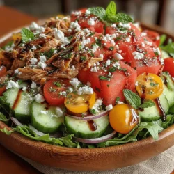 As the days grow longer and the temperatures rise, finding meals that are both satisfying and refreshing becomes a priority for many home cooks. The Refreshing Watermelon & Chicken Salad Bowl perfectly captures the essence of summer with its bright flavors and nourishing ingredients. This dish combines the juicy sweetness of watermelon with the savory goodness of grilled chicken, all while incorporating fresh herbs and vegetables for an explosion of taste and texture. Whether you’re hosting a backyard barbecue or simply looking to enjoy a light lunch, this salad bowl is an ideal option that celebrates the season.
