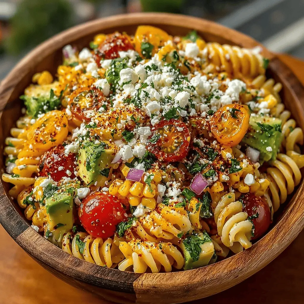 As summer approaches, the allure of outdoor gatherings and vibrant flavors beckons. One culinary delight that encapsulates the essence of Mexican street food is <strong>Mexican Street Corn</strong>, commonly known as Elote. Traditionally served on the streets of Mexico, Elote consists of grilled corn on the cob slathered in a rich mixture of mayonnaise, lime juice, cheese, and spices. Not only is this dish a staple of Mexican cuisine, but it also represents the country’s lively street food culture, where vendors proudly serve their creations to eager customers.” /></p>
</p>
<h2>Step-by-Step Instructions</h2>
</p>
<h3>Cooking the Pasta</h3>
</p>
<p>To achieve the perfect al dente pasta, start by bringing a large pot of salted water to a rolling boil. The salt not only flavors the pasta but also helps to enhance its texture. Once the water is boiling, add your pasta of choice—typically, a short pasta like fusilli or rotini works best for this salad due to its ability to hold onto the dressing and other ingredients.</p>
</p>
<p>Cook the pasta according to the package instructions, usually around 8-10 minutes, but be sure to taste it a minute or two before the suggested cooking time to ensure it’s firm to the bite. Once your pasta reaches that perfect al dente texture, immediately drain it in a colander. Rinsing the pasta under cold water is critical; it stops the cooking process and prevents it from becoming mushy. This step also cools the pasta quickly, making it ready to combine with the other ingredients in your salad.</p>
</p>
<h3>Preparing the Corn</h3>
</p>
<p>Corn is the star of this dish, and there are several methods to prepare it, each imparting a different flavor profile.</p>
</p>
<p><strong>Grilling:</strong> For the most authentic flavor reminiscent of street corn, grilling fresh corn on the cob is ideal. Preheat your grill to medium-high and place the corn directly on the grill grates. Turn every few minutes until charred and tender, typically around 10-15 minutes. Once grilled, allow it to cool slightly, then cut the kernels off the cob.</p>
</p>
<p><strong>Roasting:</strong> If grilling isn’t an option, roasting corn in the oven is a fantastic alternative. Preheat your oven to 400°F (200°C). Spread the corn kernels on a baking sheet, drizzle with olive oil, and season with salt. Roast for about 20 minutes, stirring occasionally until they are golden and slightly caramelized.</p>
</p>
<p><strong>Thawing Frozen Corn:</strong> If you’re short on time, frozen corn can be a convenient choice. Simply thaw it by running it under warm water or microwaving it for a few minutes until warm. While it won’t have the grilled or roasted flavors, it’s a quick and easy option that still adds sweetness and texture to the salad.</p>
</p>
<h3>Making the Dressing</h3>
</p>
<p>A good dressing is crucial to the success of your pasta salad. For this Mexican street corn pasta salad, a creamy dressing with a kick is what we’re after. Begin by combining mayonnaise, sour cream, lime juice, garlic powder, cumin, and a pinch of chili powder in a mixing bowl. The mayonnaise and sour cream create a rich, creamy base, while lime juice adds acidity, balancing the flavors beautifully.</p>
</p>
<p>Whisk the ingredients together until smooth, ensuring there are no lumps. If you prefer a thinner dressing, add a splash of milk or more lime juice until you reach your desired consistency. Taste and adjust the seasoning with salt, pepper, or more lime juice as necessary. This dressing not only coats the pasta and corn but also melds the flavors together, creating a deliciously tangy backdrop.</p>
</p>
<h3>Mixing the Salad</h3>
</p>
<p>Now it’s time to combine your carefully prepared ingredients. In a large mixing bowl, add the cooked and cooled pasta, grilled or roasted corn, diced red onion, chopped cilantro, and diced avocado. Gently fold the ingredients together using a spatula or wooden spoon, being careful not to mash the avocado. The goal is to evenly distribute the corn and vegetables without compromising their texture.</p>
</p>
<p>Once combined, pour the dressing over the salad and gently toss again until everything is well coated. Take care to ensure that the pasta and vegetables are thoroughly mixed with the dressing, but do this gently to maintain the integrity of the avocado and corn kernels.</p>
</p>
<h3>Final Touches</h3>
</p>
<p>Before serving, add crumbled cotija cheese over the top of the salad for that authentic Mexican flavor. Cotija cheese is crumbly and salty, making it a perfect complement to the sweetness of the corn and the creaminess of the dressing. Taste the salad once more and adjust the seasoning as needed—adding more salt, pepper, or lime juice to suit your preference.</p>
</p>
<h3>Chilling the Salad</h3>
</p>
<p>Chilling the salad is a crucial step that enhances the flavors and allows the ingredients to meld beautifully. Cover the salad with plastic wrap or transfer it to an airtight container and refrigerate for at least 30 minutes before serving. If you have time, letting it chill for 1-2 hours is even better, as this gives the flavors time to develop and intensify.</p>
</p>
<h2>Serving Suggestions</h2>
</p>
<p>This Mexican street corn pasta salad shines as a versatile dish suitable for various occasions. Serve it as a refreshing side dish alongside grilled meats such as chicken, steak, or fish. It’s also an excellent addition to summer potlucks and barbecues, where its vibrant colors and zesty flavors will be a hit among guests.</p>
</p>
<p>For a light main course, pair it with a side of tortilla chips and guacamole for a complete meal experience. Consider serving it with a chilled drink like a light Mexican lager or a refreshing limeade that complements the salad’s flavors beautifully.</p>
</p>
<h2>Nutritional Information</h2>
</p>
<p>This salad is not only delicious but also packed with health benefits. The corn provides dietary fiber, which is essential for digestive health, while the avocado adds healthy fats that promote heart health. The dressing, made with yogurt and mayonnaise, offers a creamy texture without being overly heavy.</p>
</p>
<p>A typical serving of this salad can be around 1 cup, which is a great size for a side dish. When enjoyed as a main course, consider pairing it with other healthy options to maintain a balanced diet. This pasta salad is a wonderful way to include fresh vegetables and wholesome ingredients in your meals.</p>
</p>
<h2>Conclusion</h2>
</p>
<p>The Mexican street corn pasta salad is a delightful fusion of flavors and textures that captures the essence of summer gatherings. With its creamy dressing, sweet corn, and vibrant vegetables, this dish is sure to impress friends and family alike.</p>
</p>
<p>Feel free to experiment with variations of the recipe, such as adding black beans for extra protein, using different types of cheese, or incorporating seasonal vegetables. Each twist will bring a new flavor profile to this beloved dish.</p>
</p>
<p>As you prepare this salad, remember that food is not just about nourishment; it’s about creating memories and sharing joy with loved ones. Whether it’s at a sunny picnic or a cozy family dinner, this Mexican street corn pasta salad embodies the spirit of summer and the happiness that comes from sharing good food. Enjoy every bite!</p>
</div>